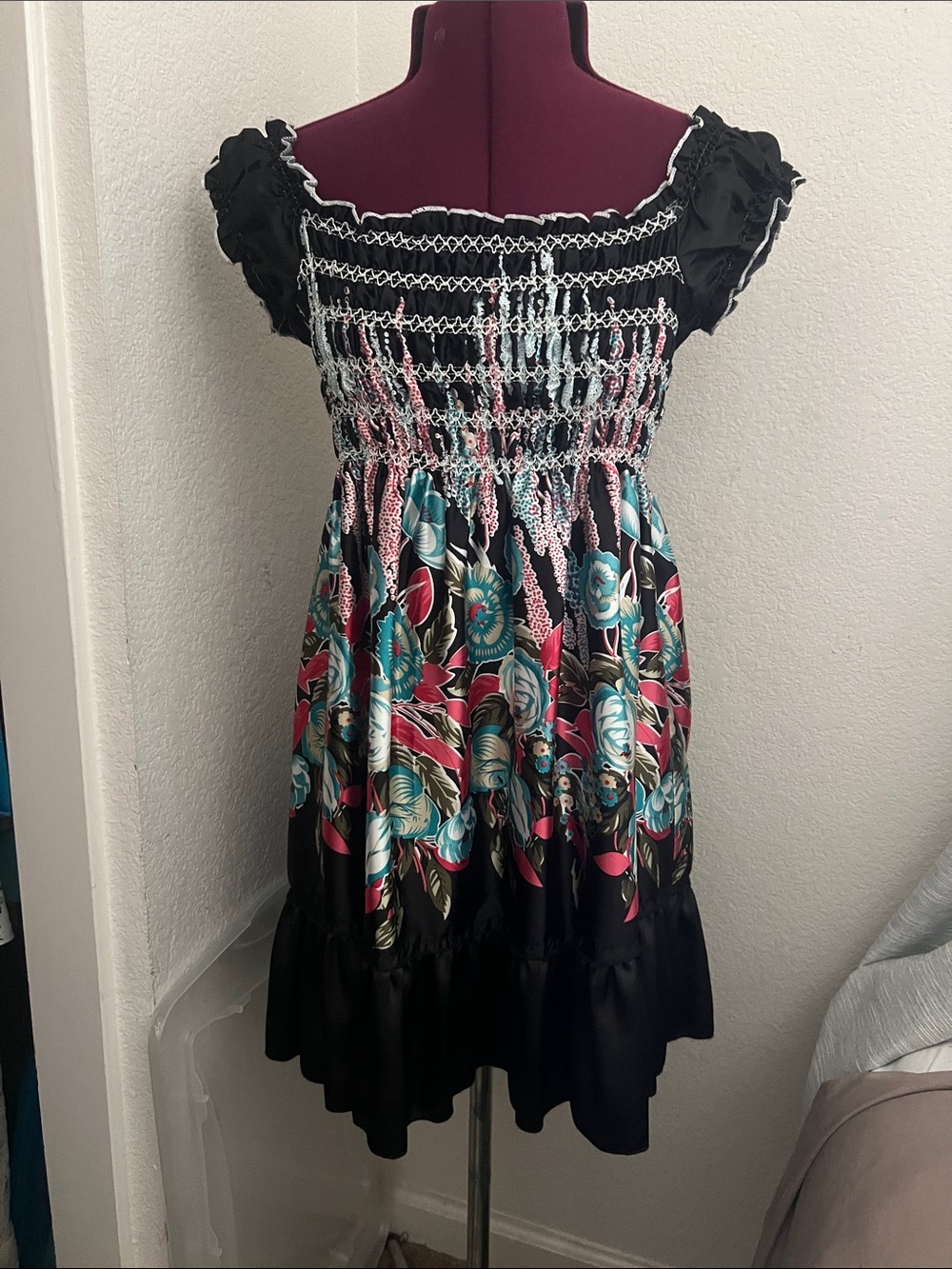 Girls' Black Floral Smocked Sundress